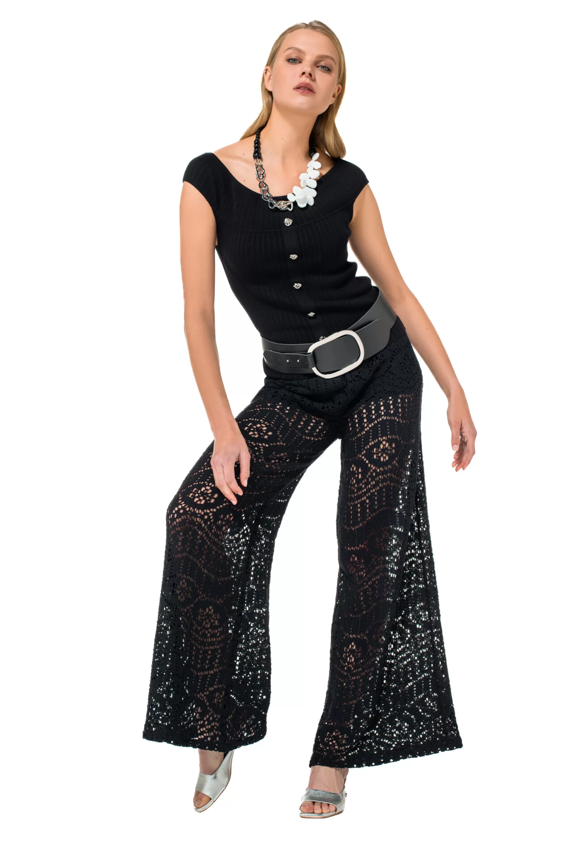 Caroline Biss Trousers*1546-10 / Flowing Trousers In Crochet, Wide Leg, Normal Waist